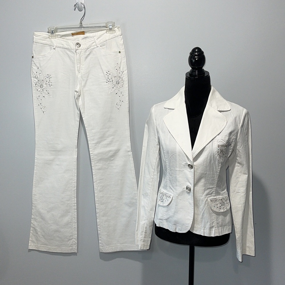 Two piece cotton pant and jacket suit embellished and embroidered